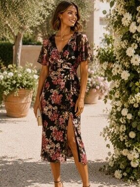 Adrianna Papell Floral Foiled Print Mesh Flutter Sleeve Draped Midi Dress Size 8